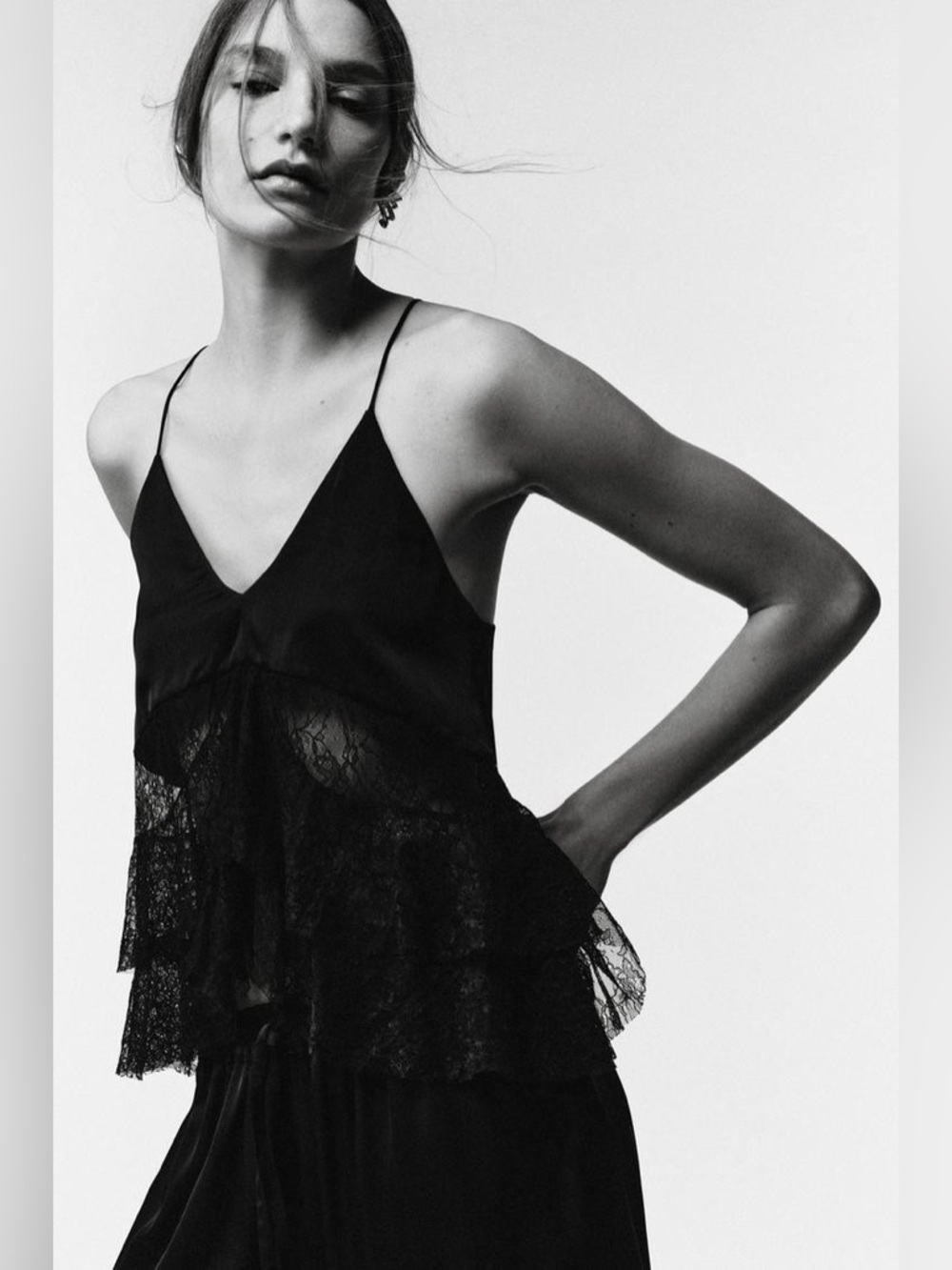 NWT. Zara Studio Black Lace Matching Top with Asymmetrical Hem. Size L.